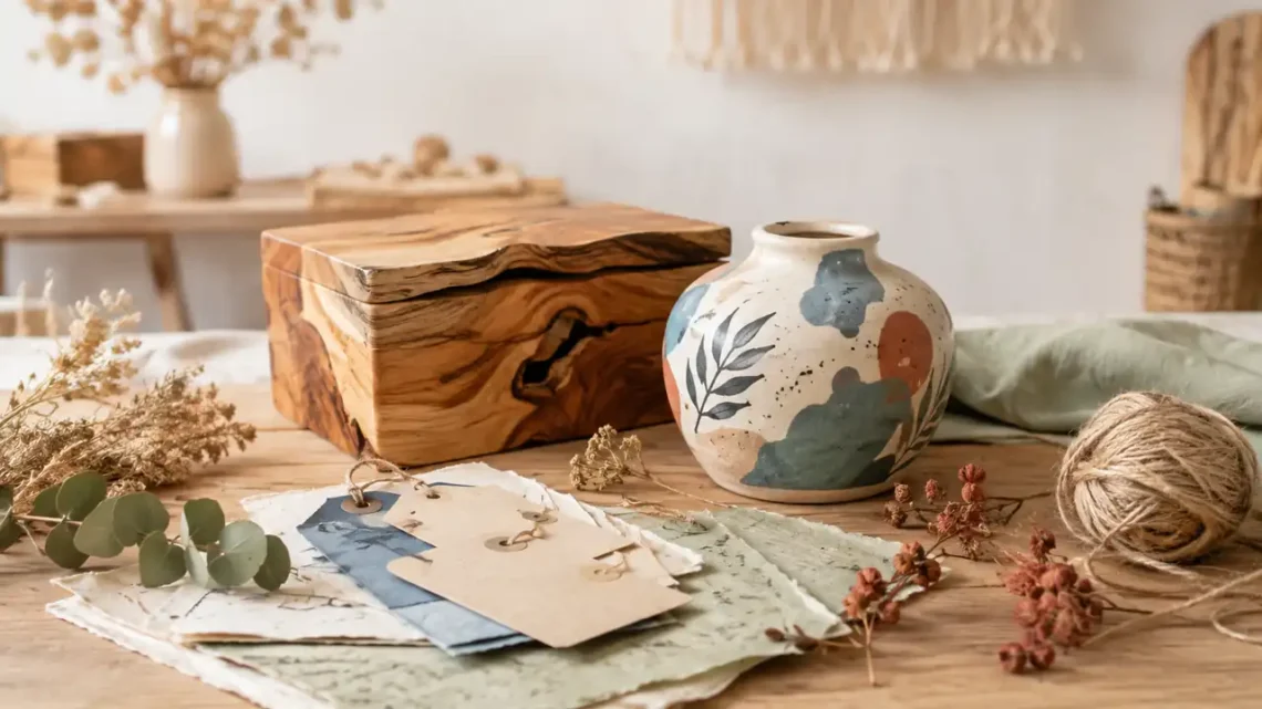 Arrangement personalisierter DIY-Geschenke mit Holz, Papier und Naturmaterialien