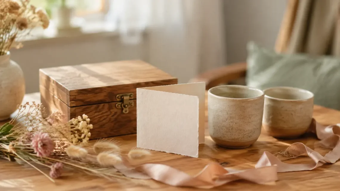 Handgemachte Jahrestagsgeschenke mit Kerze, Brief und getrockneten Blumen