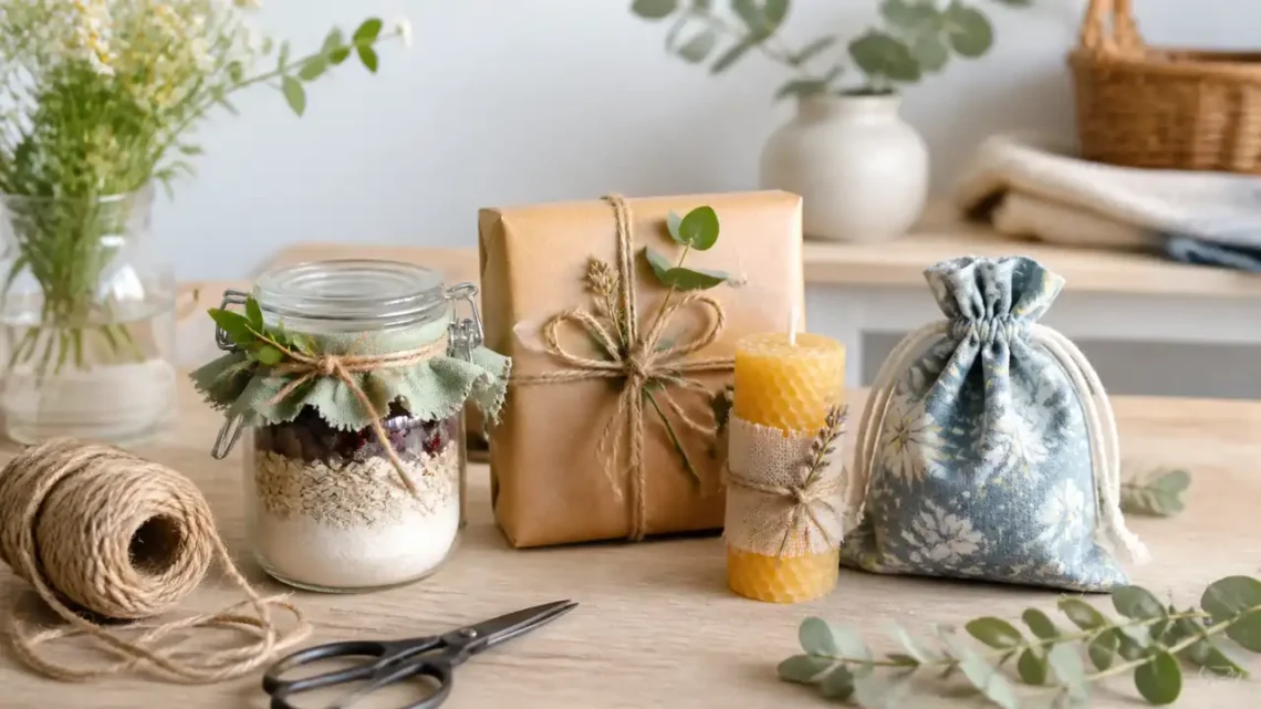 Kleine handgemachte Geschenke mit Kerze, Pflanztopf und Papierverpackung