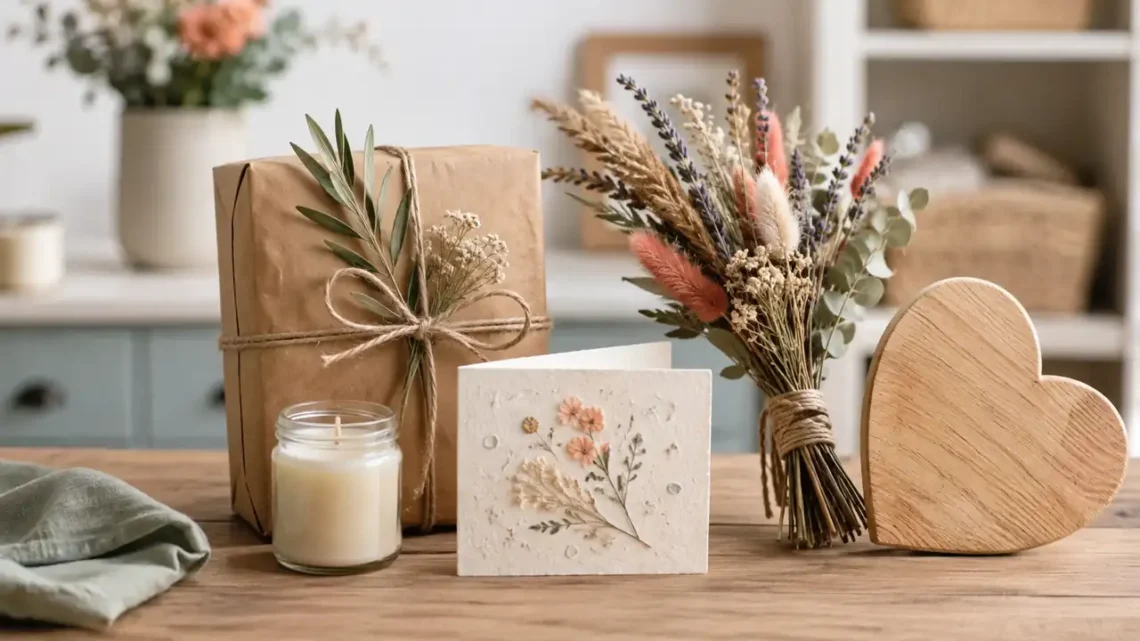 Auswahl saisonaler DIY-Geschenkideen mit kleinen Paketen und Karte