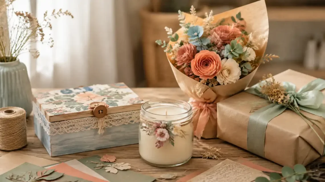 Handgemachte Geburtstagsgeschenke mit Karte, Kerze und Geschenkbox