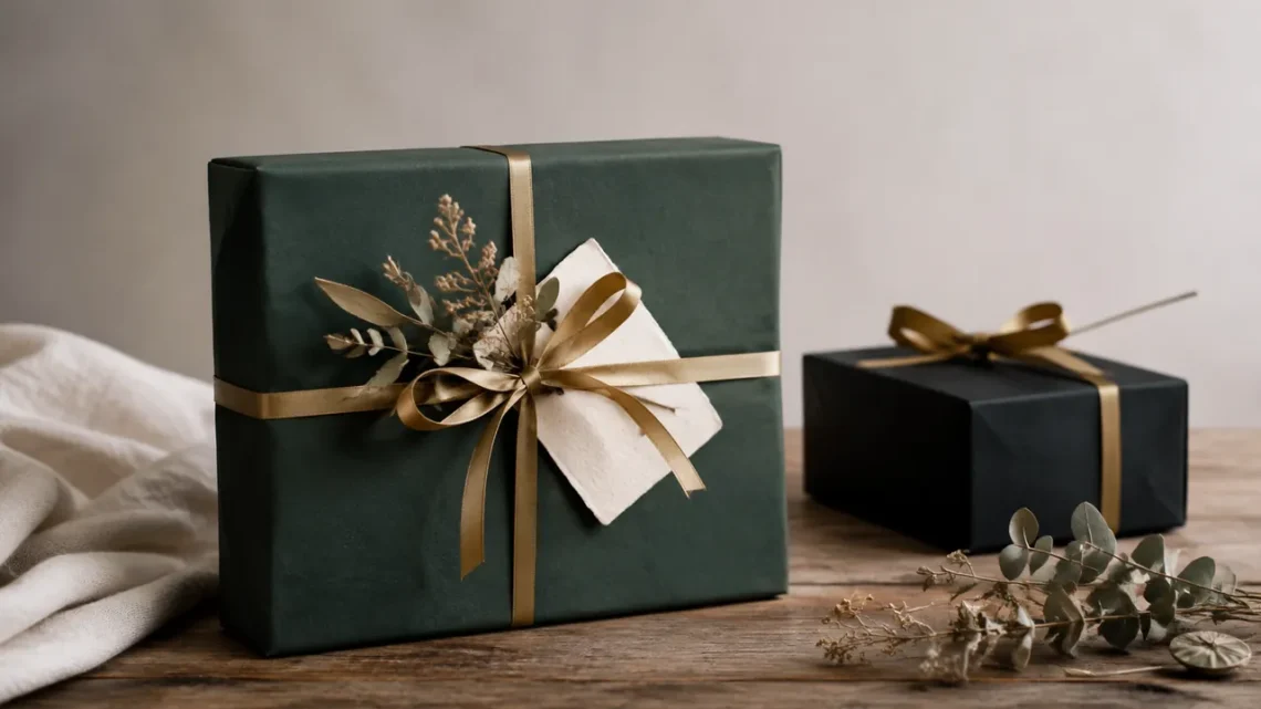 Luxuriös wirkende Geschenkverpackung mit dunkelgrünem Papier und Goldband