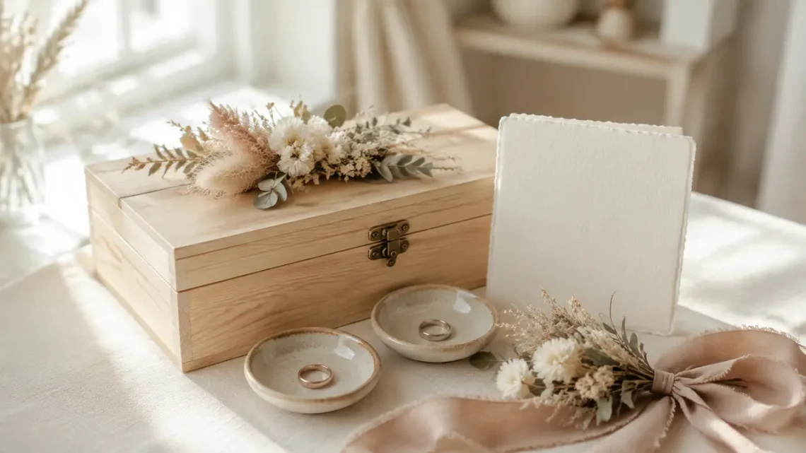 DIY-Hochzeitsgeschenke mit Holzbox, Ringschalen und weißen Trockenblumen