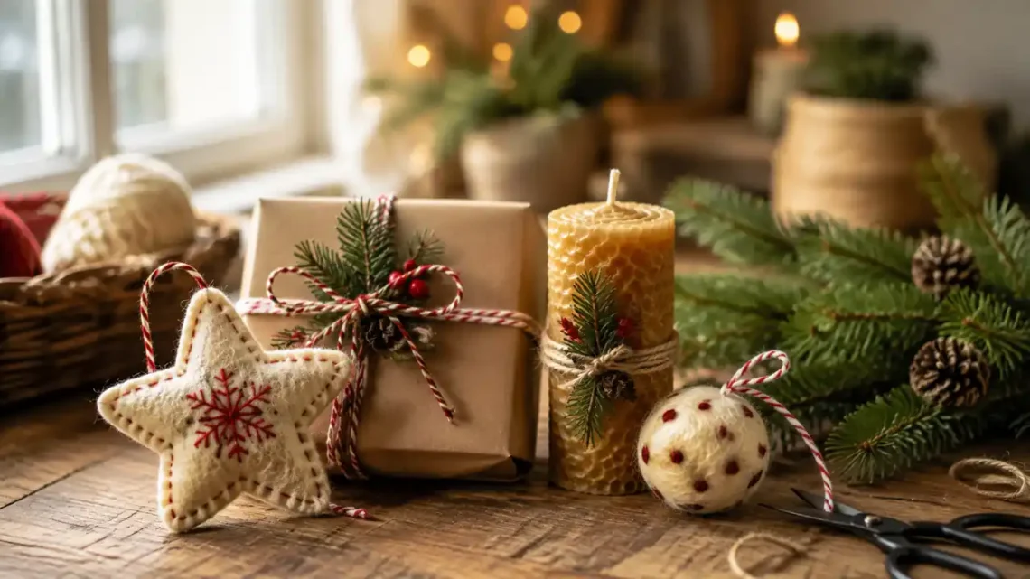 Handgemachte Weihnachtsgeschenke mit Kerzen, Holzbox und Tannengrün