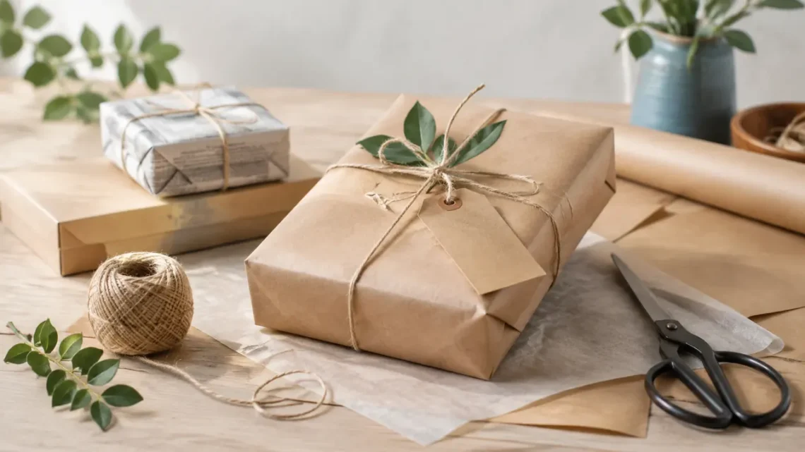 Einfache Geschenkverpackungen aus Kraftpapier, Karton und Kordel