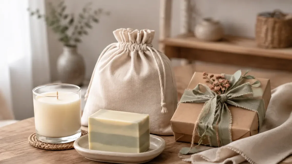 Handgemachte Geschenke mit Kerze, Seife, Stoffbeutel und Geschenkbox