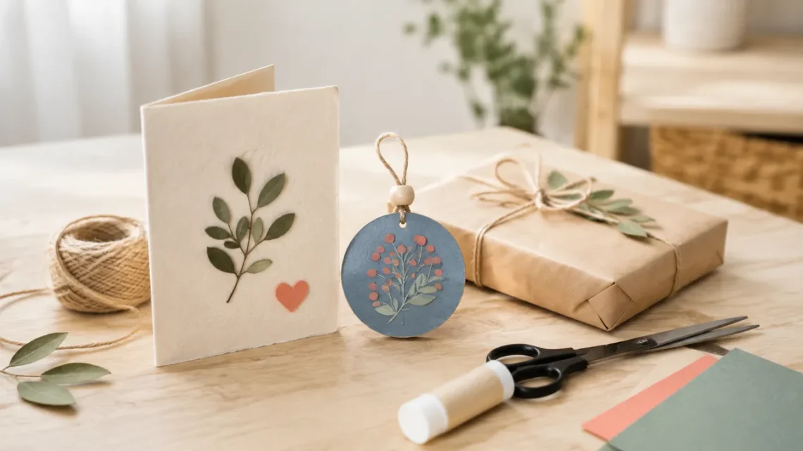 Einfache Bastelgeschenke mit Karte, Papierbox und Naturmaterialien