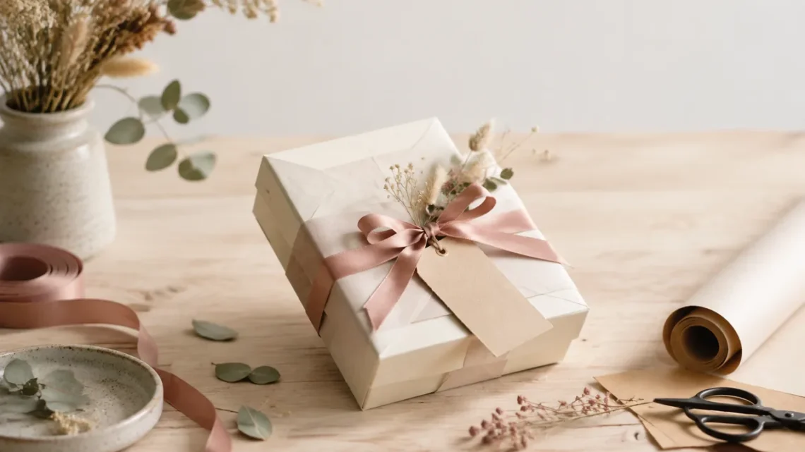 Edle Geschenkverpackung mit dunklem Papier und goldener Schleife
