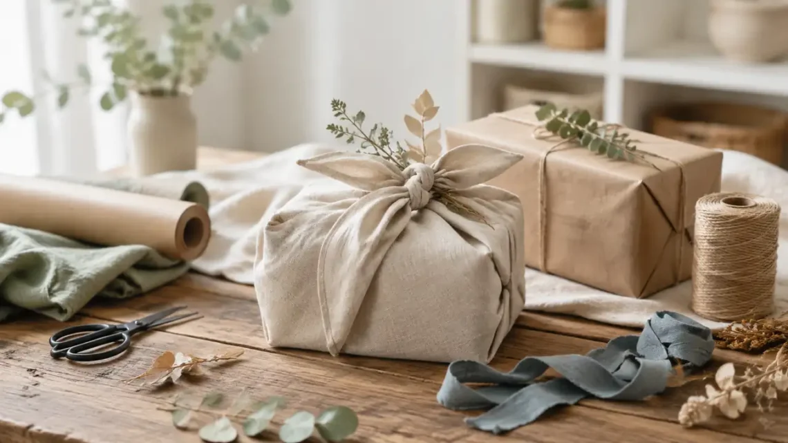 Nachhaltige Geschenkverpackung mit Stoff, Kraftpapier und Juteband