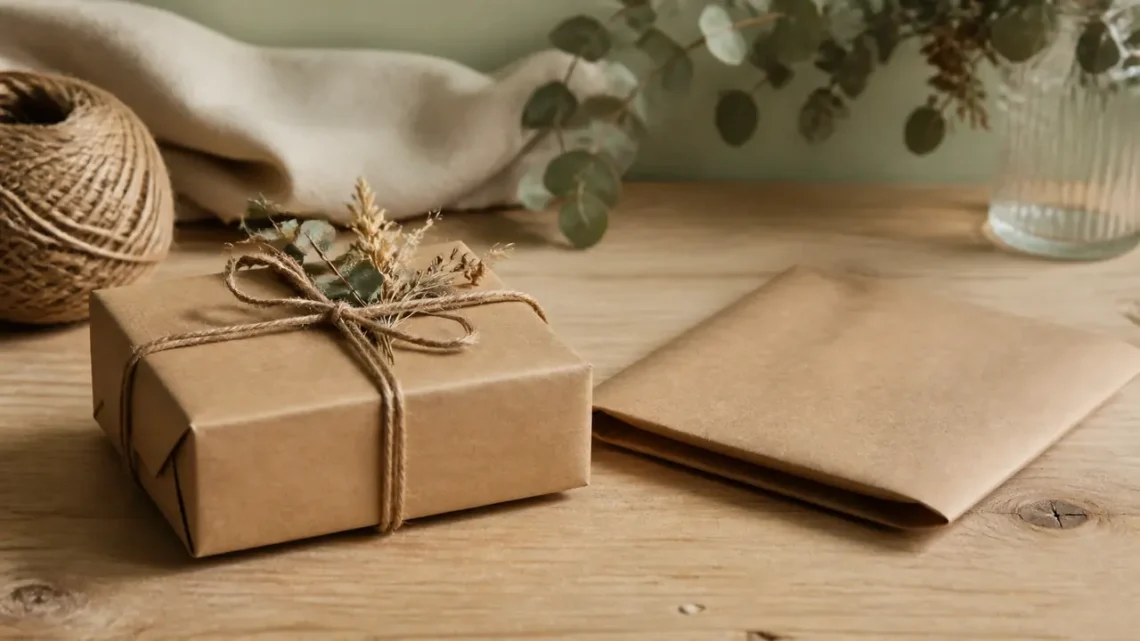 Geschenk in Kraftpapier mit Juteband und getrocknetem Zweig