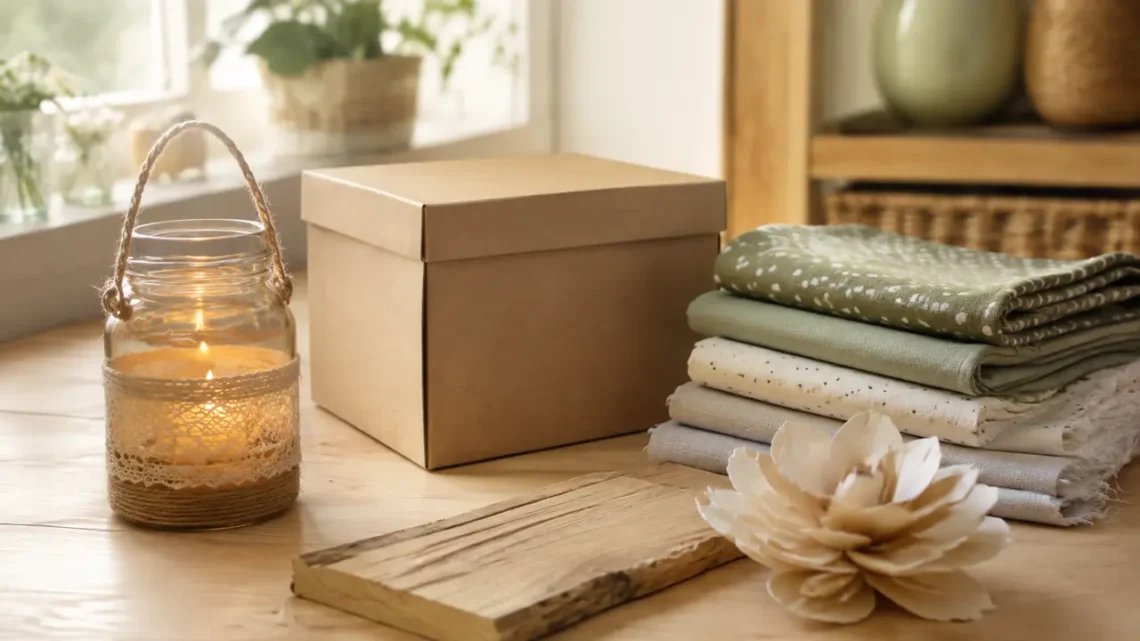 Upcycling-Geschenke aus Glas, Karton, Stoff und Holz auf einem Basteltisch