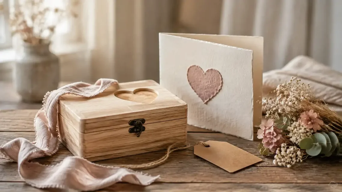 Personalisierte Geschenkidee mit Holzbox, Herzmotiv und getrockneten Blumen