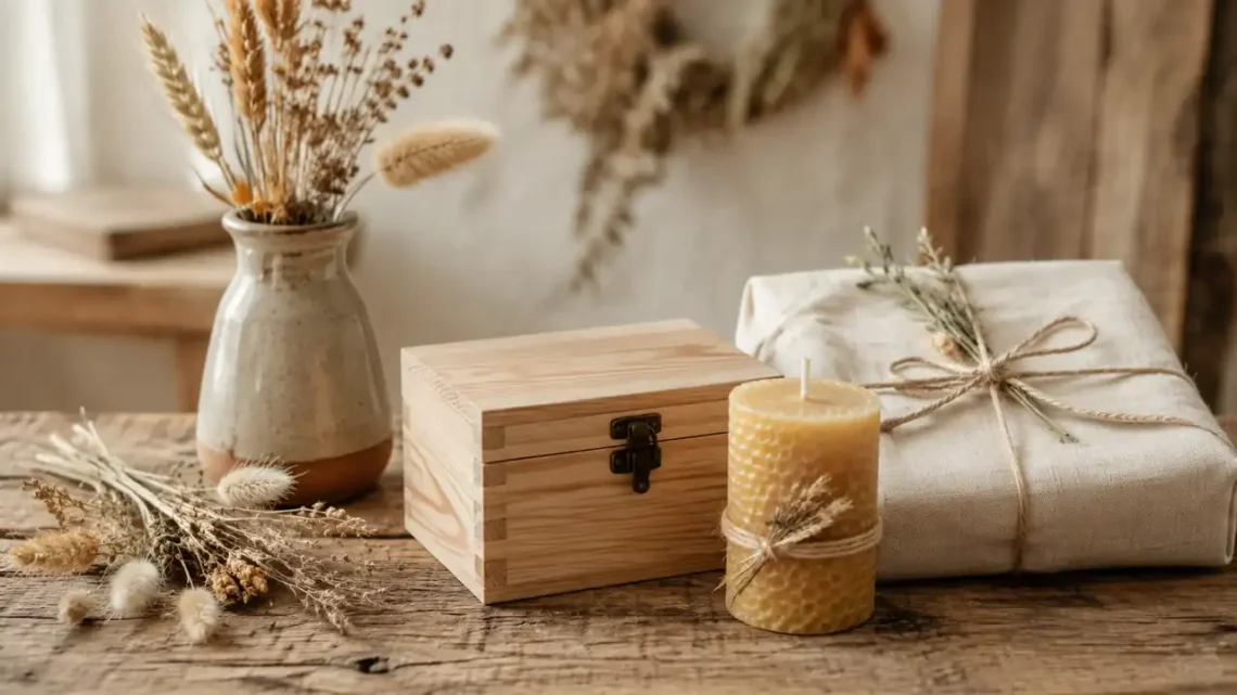 Rustikale Geschenkideen mit Holzbox, Kerze und Leinenpaket