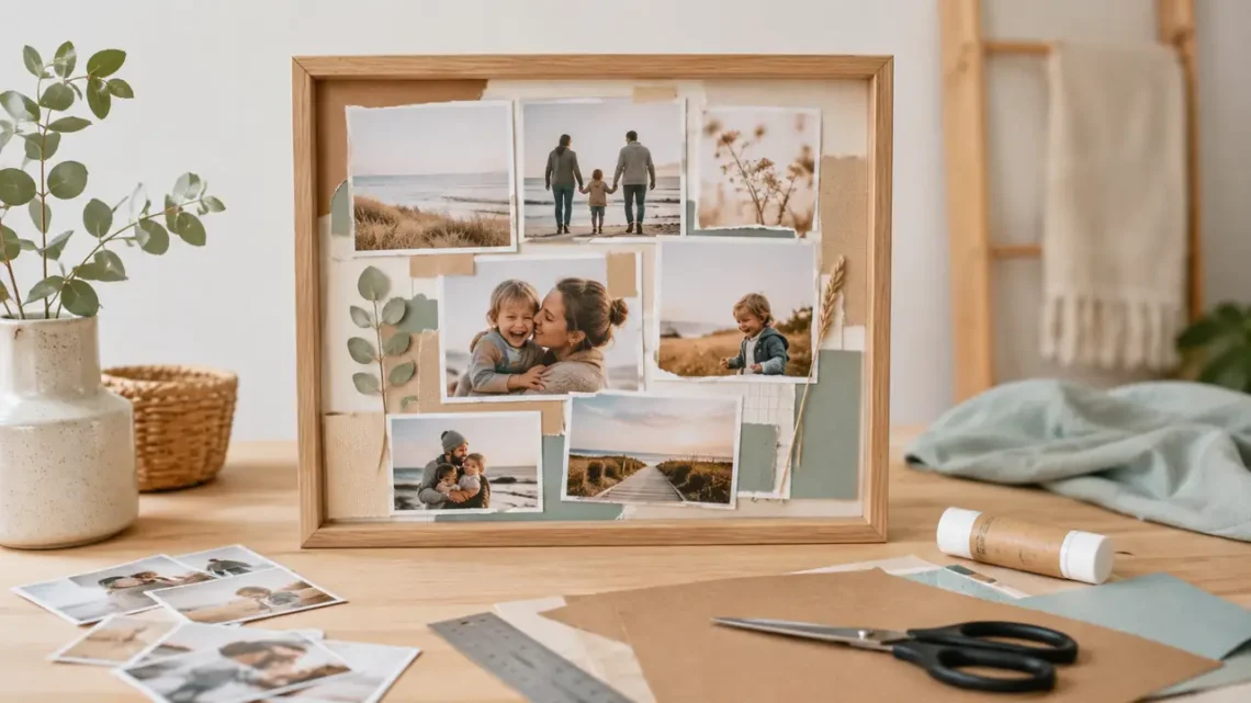 DIY-Fotogeschenk mit gerahmter Fotocollage und Bastelmaterialien